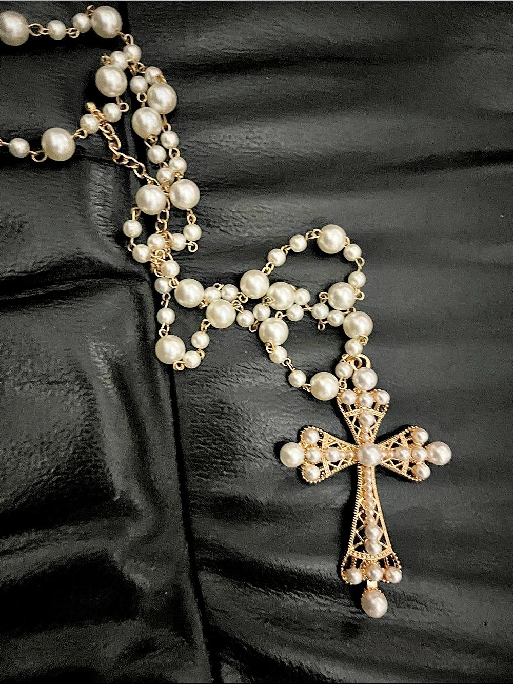Pearl Beaded Cross Pendant Necklace